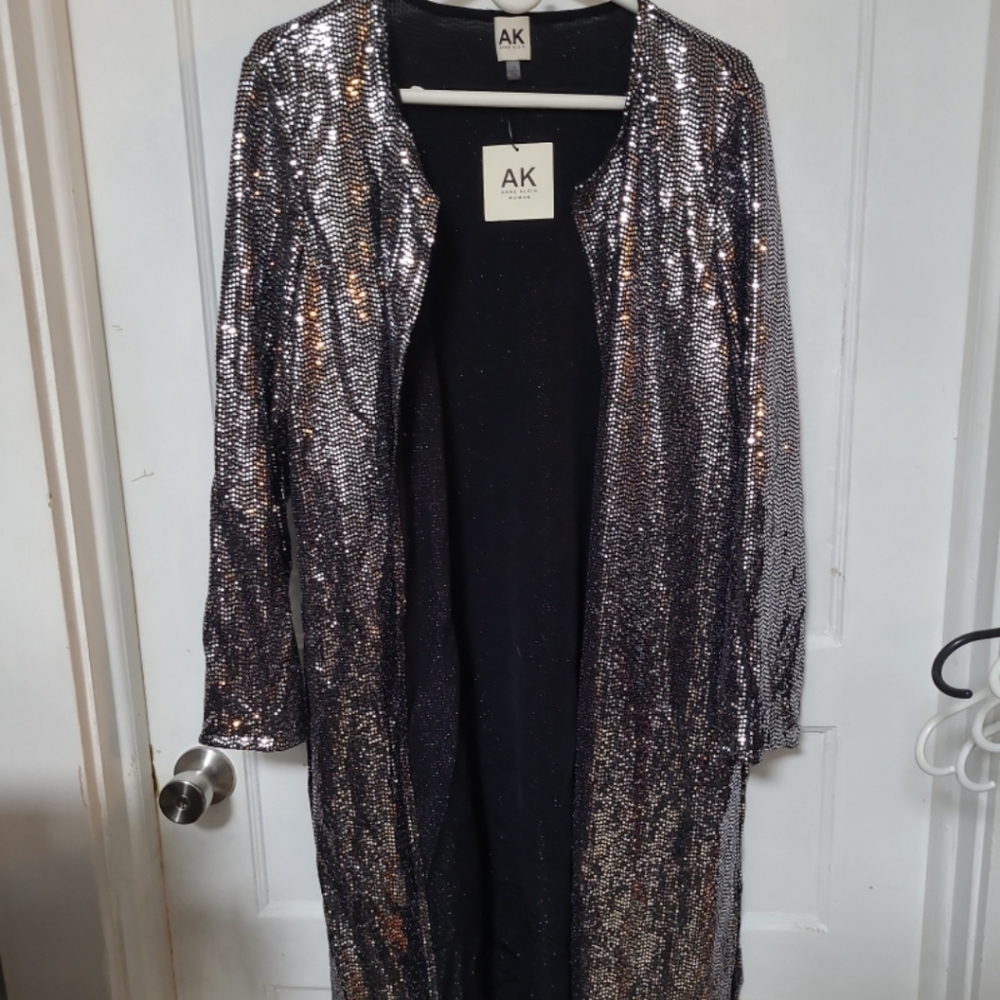 Anne Klein Black and Silver Sequin Duster Cardigan XL